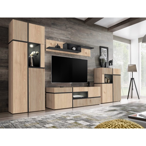 Composition TV CROSS 310 cm avec éclairage LED, hickory Jackson — vue d’ensemble