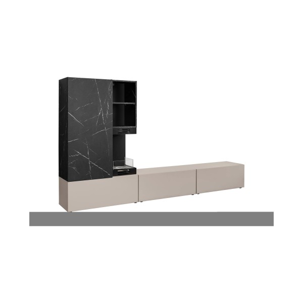 GINA composition murale 270 cm avec cheminée bioéthanol d’angle, noir marble et Szara Glina — vue d’ensemble