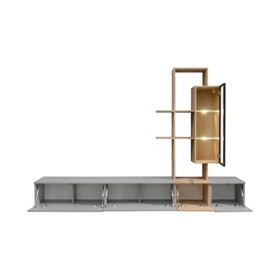 LEO composition murale 240 cm avec vitrine et étagère, gris et Cremona chêne — détail 2