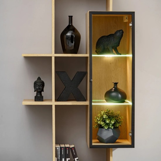 LEO composition murale 240 cm avec vitrine et étagère, gris et Cremona chêne — détail 3