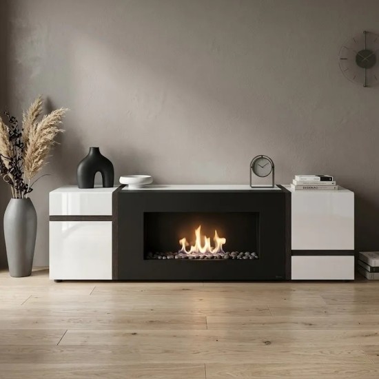 Meuble TV CROSS avec cheminée bioéthanol, blanc et orme Perla — détail 3