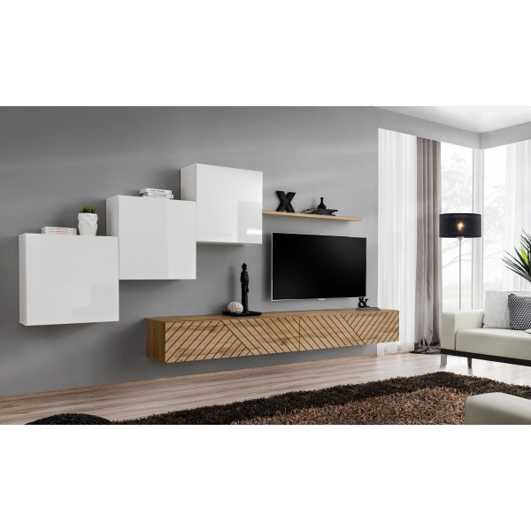 SWITCH X composition murale suspendue, blanc brillant avec chêne Wotan, façades rainurées — détail 1